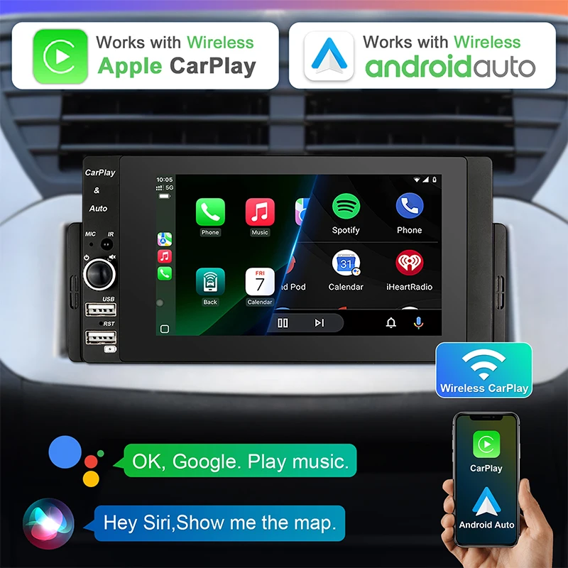5.5" IPS Touch Screen Car Stereo Wireless CarPlay & Android Auto 1 Din Car Radio Receiver Bluetooth FM USB Mirror Link With Rear View Camera