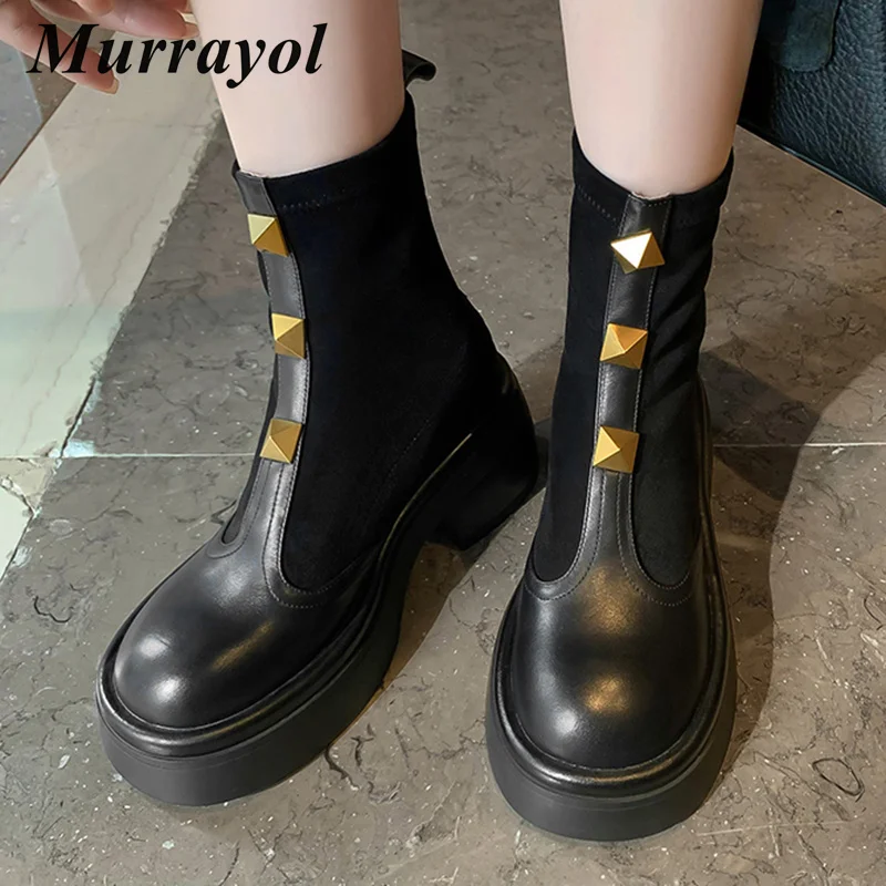 

Autumn Winter Thick Bottom Elastic Boots Women Rivet Patchwork Ankle Botas Round Toe Solid Color Platform Fashion Short Boots