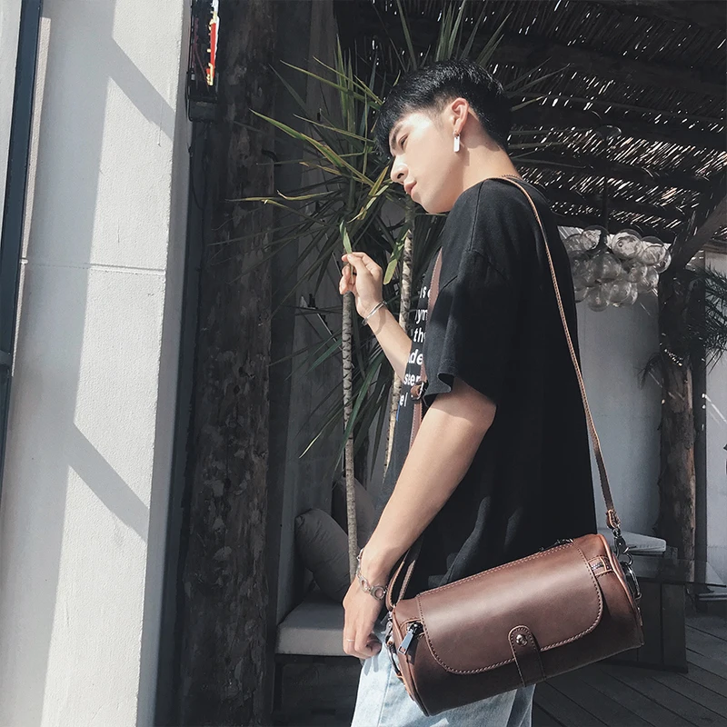 Hot Sale Bucket Men Bags Vintage Small Shoulder Bag Pu Leather Mens Messenger Bag Cylinder Men\'s Crossbody Bags Male bolsa сумка