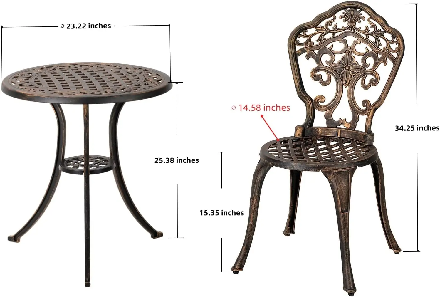 Juego de muebles de jardín de aluminio fundido a prueba de herrumbre de 3 piezas, 2 sillas y 1 mesa redonda para exteriores, jardín, patio, balcón, bronce