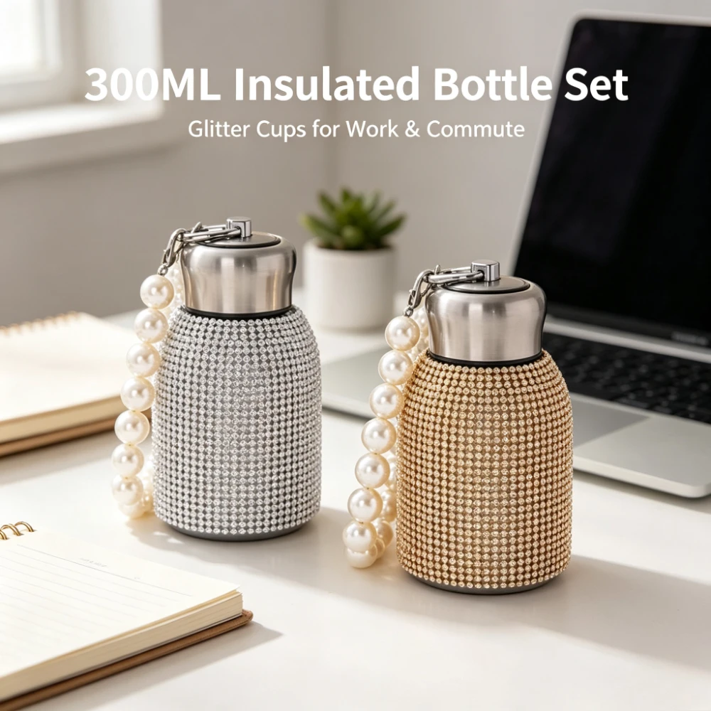 Luxury 300ml Vacuum Flask Stainless Steel Thermos Cup Shiny Rhinestone Embellishment Pearl Chain Ornament for Girls Gifts