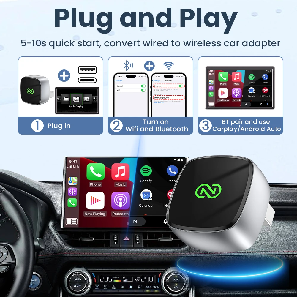 Wired Carplay to Wireless CarPlay Android Auto 2In1 Adapter Bluetooth Plug and Play For Jeep Compass Renegade Wrangler Cherokee