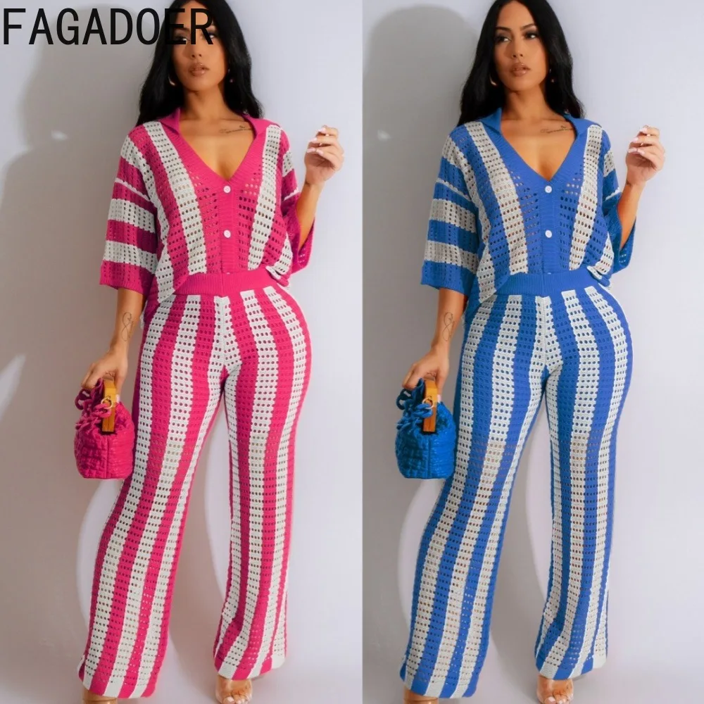 FAGADOER Fashion Knitted Stripes Print Wide Leg Pants Two Piece Sets Women V Neck Button Short Sleeve Top And Pants Outfits 2024