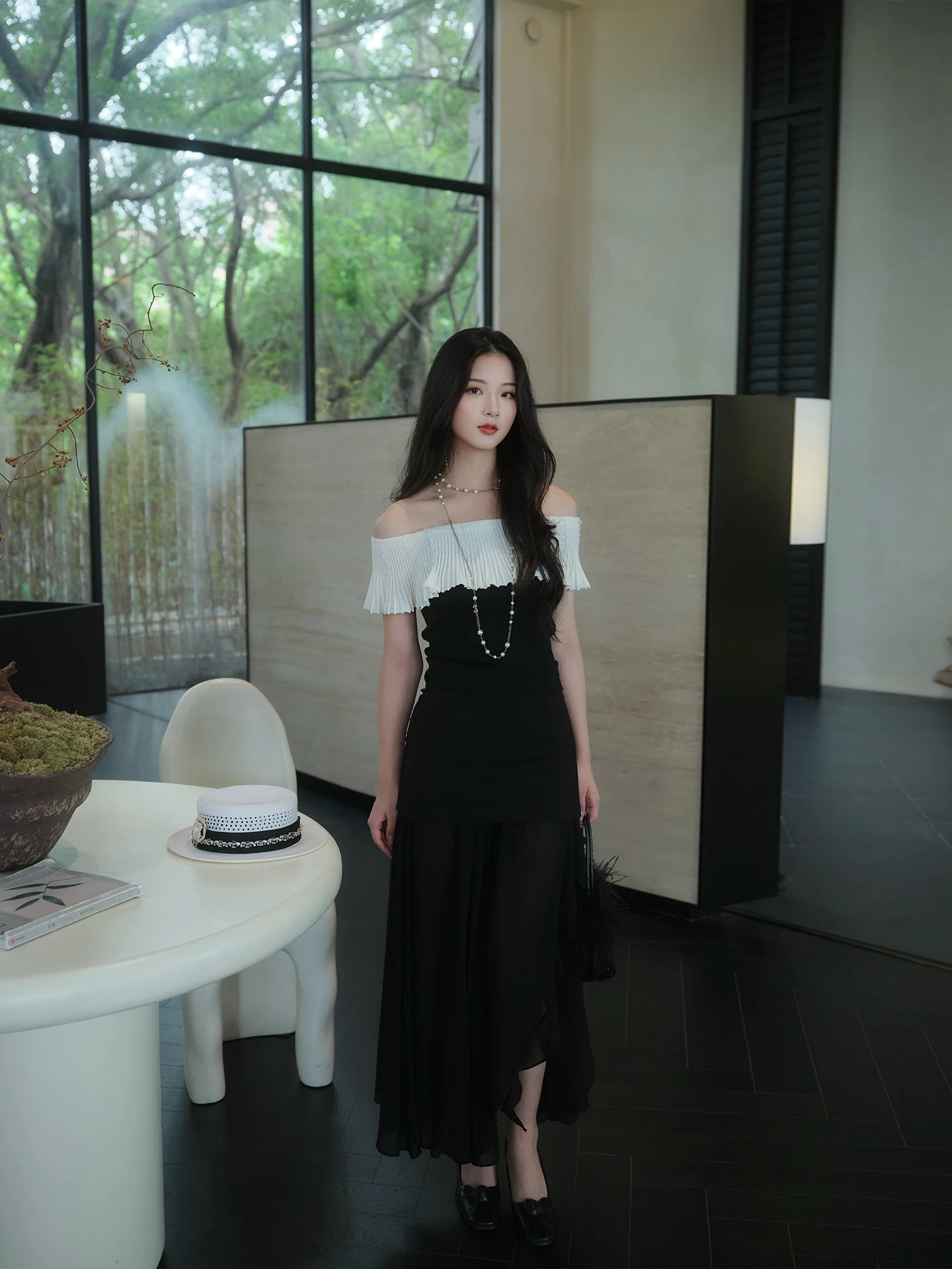 

Auntie Pan's Peter Pan Thorns Night Banquet High-End Lace Trim One oulder Top Design Sense Slant Slice f Skirt Set