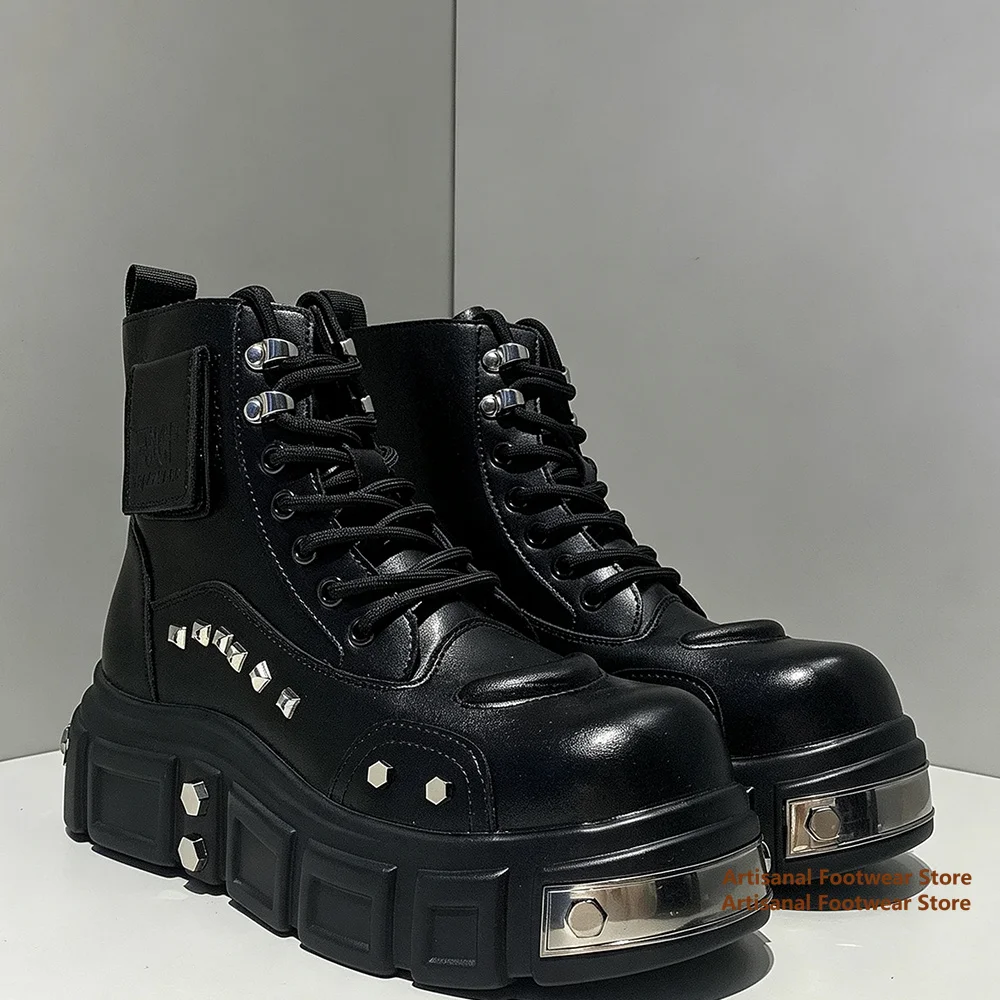 Studded Rivet Platform Motorcycle Boots 5Cm Height Increasing Thick Sole Metal Decor Boots Trendy Autumn/winter Men's Boots