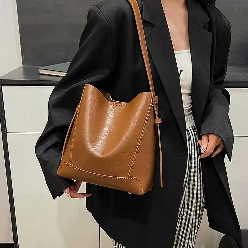 DIY Knitted Bag - Solid PU Leather Bucket Bag - Versatile Large Capacity Shoulder Bag - Beginner Set Dark Gray Womens Bag