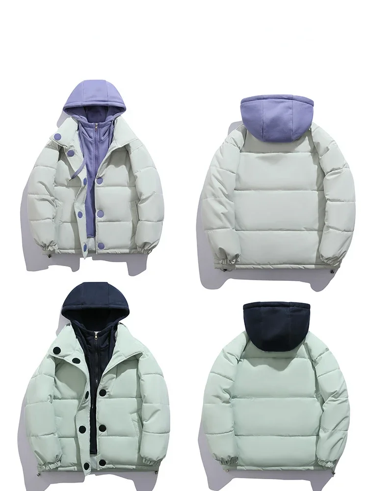 Designed Fake Two-piece Sweatshirt Hooded Women\'s Winter Down Jacket Fashion Korean Contrasting Color Stitching Couple Outerwear