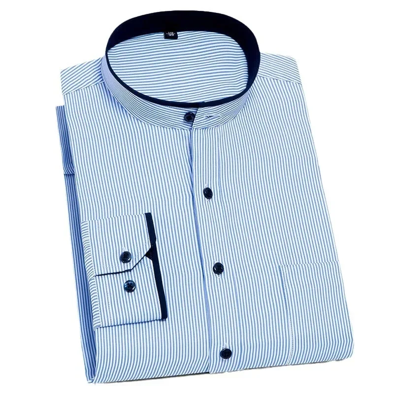 Camisa a rayas con cuello de estilo chino para hombre, traje de túnica de color sólido, ropa de calle de negocios de manga larga sin planchado