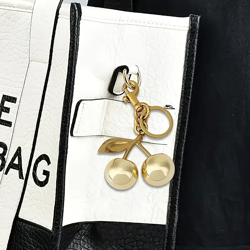 Golden Cherry Keychain Charm, Elegant Bag Accessory