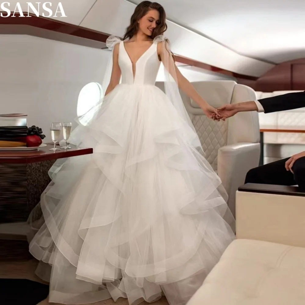 Sansa princesa a linha arco laço porm vestido personalizado até o chão com decote em v vestidos de casamento cinta de espaguete vestidos de fiesta 2024