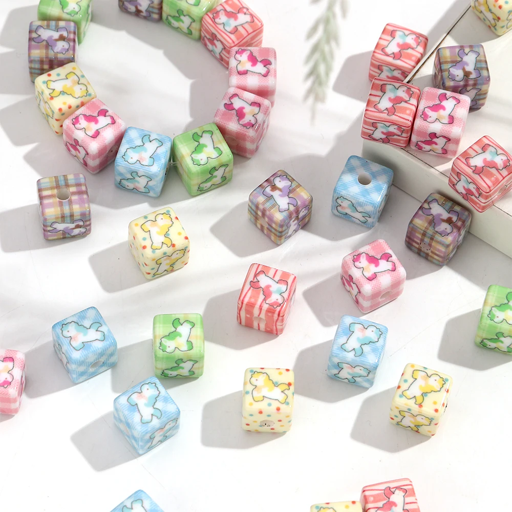Cute Resin Colorful Drawing Geometric Square Loose Beads Sweet Necklace Bracelets Marking Charm Bead