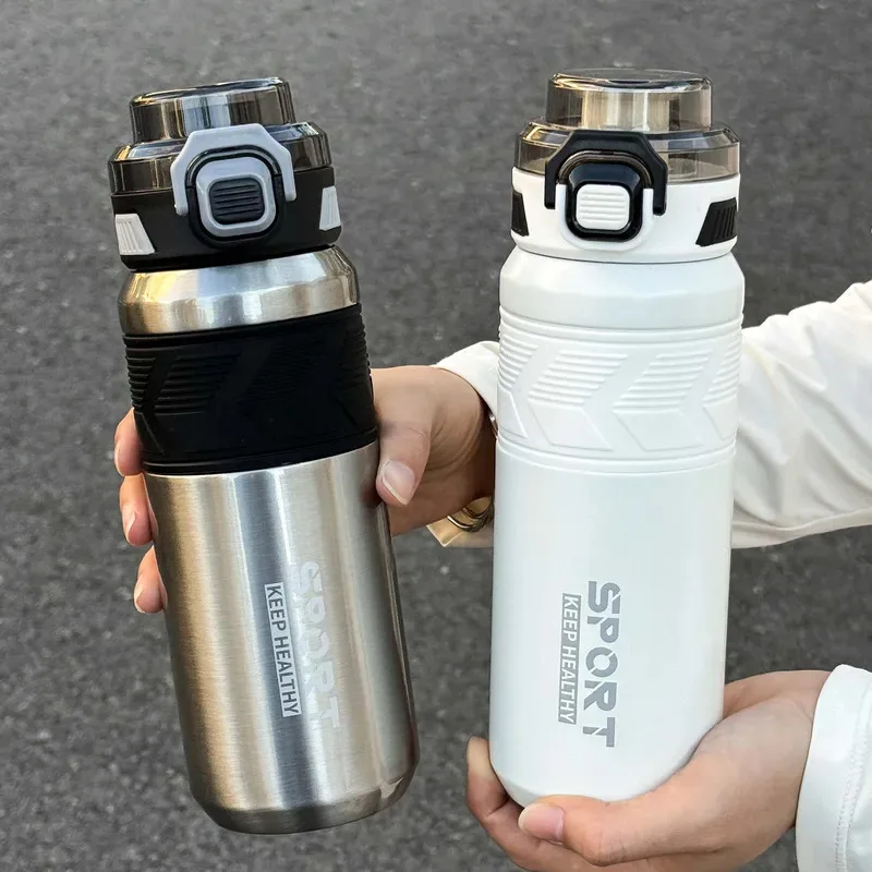 650ml stainless steel insulated bottle with handle, dual drinking lid design, fashion vacuum thermos for outdoor travel sports