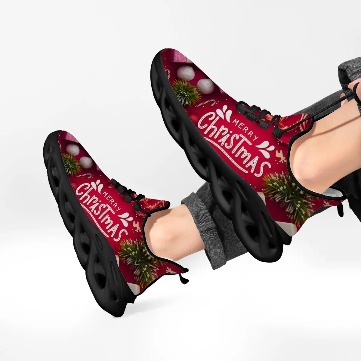 크리스마스 휴일 선물 만화 글자 크리스마스 트리 컬러 블록 눈송이 패턴 플리스 따뜻한 로우탑 레이스업 캐주얼 신발