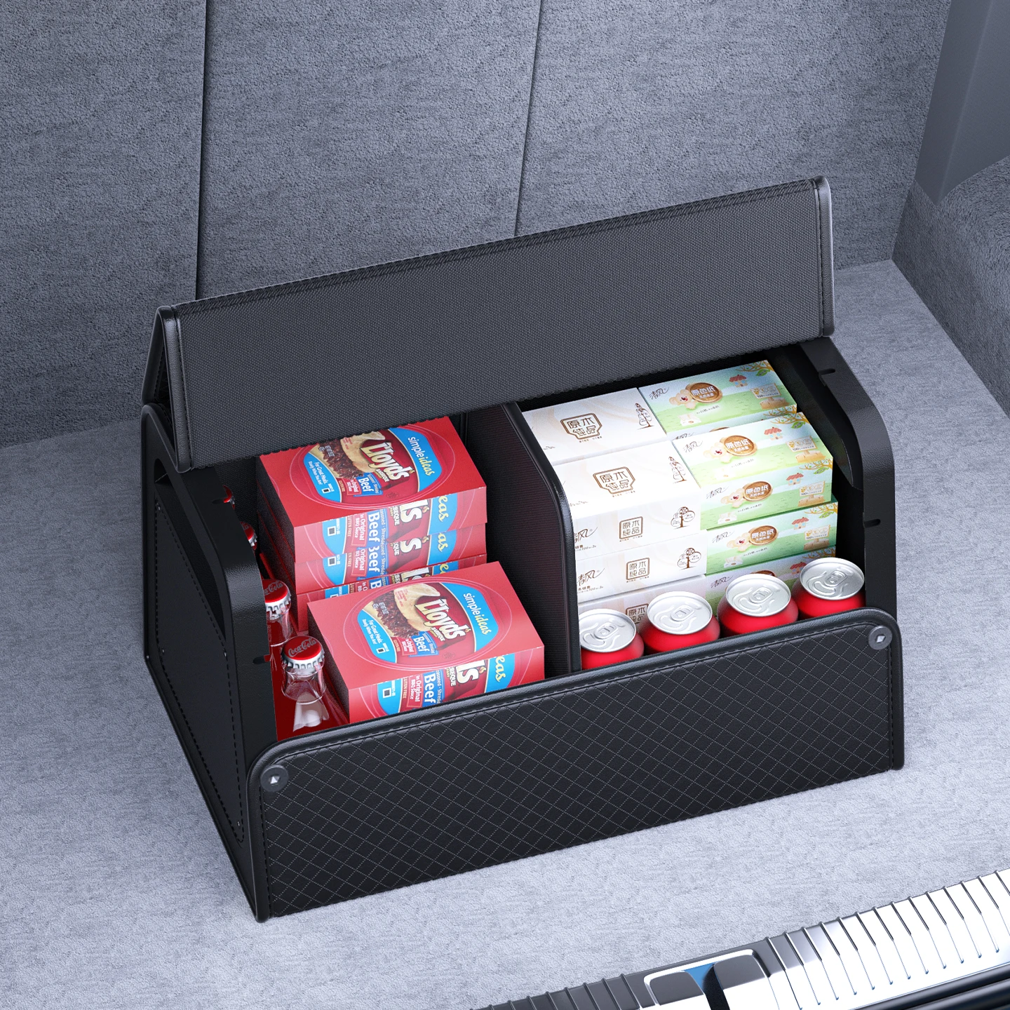 Kofferraum-Organizer mit 4-Punkt-Magnetverschluss – PU-Leder, verstärkter ABS-Rahmen, passend für SUV, Limousine und Heimgebrauch – Detail 9