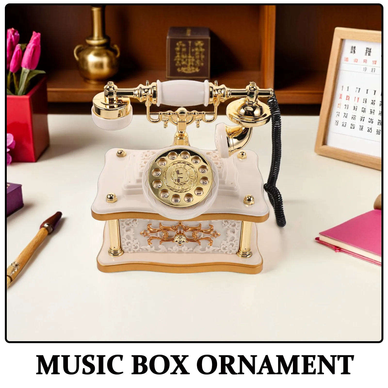 Vintage Telephone Desk Music Box Retro Landline Desk Decoration Old Fashioned Dial Telephone Ornament Desktop for Entrance Hall