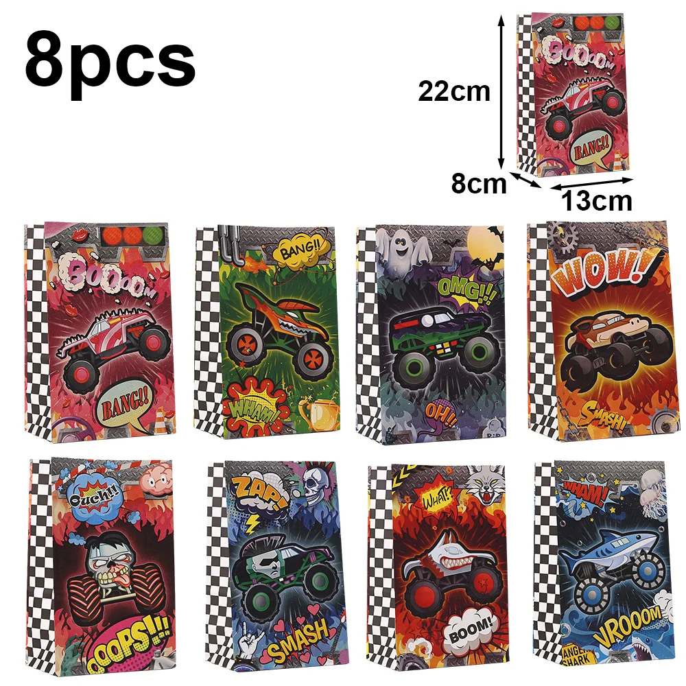 8Pcs Monsters Truck Party Bags Monsters Themed Paper Gift Bags Racing Trucks Goody Treat Candy Bags  Birthday Party Supplies