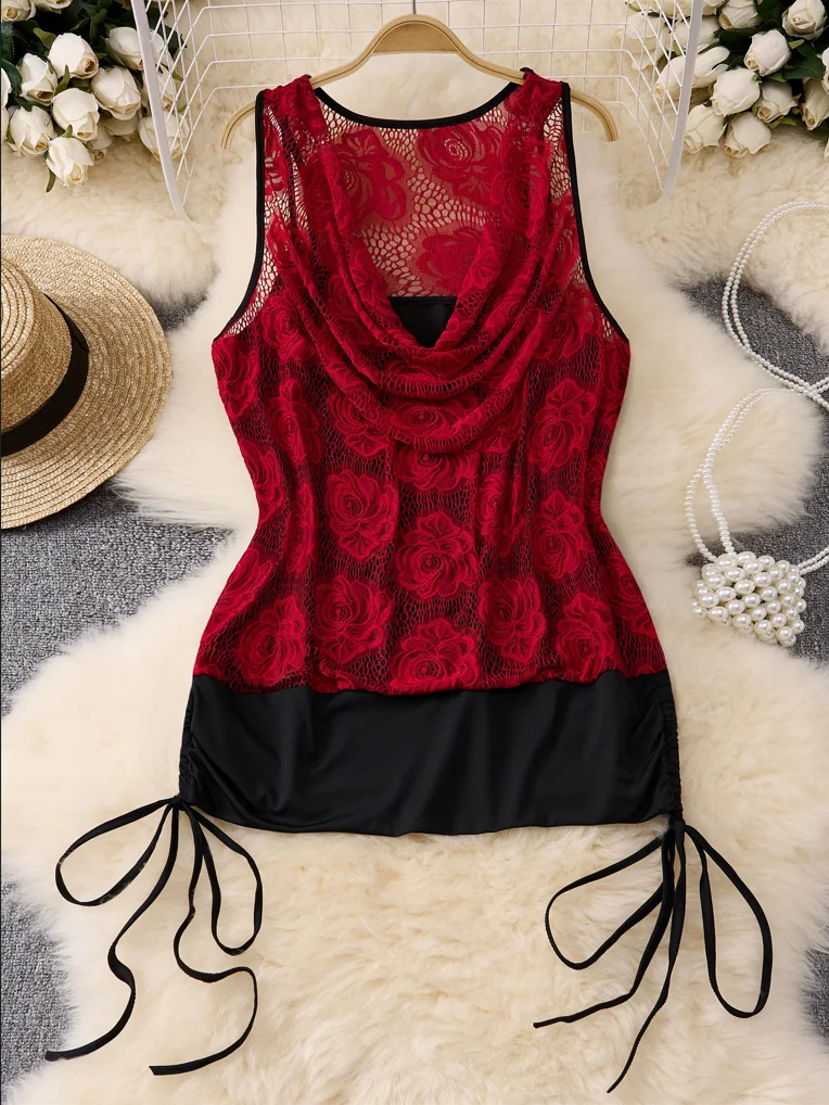 

Women's Plus Size Sleeveless Lace Top - Red Rose Pattern Draped Back Mesh Blouse with Side Drawstring