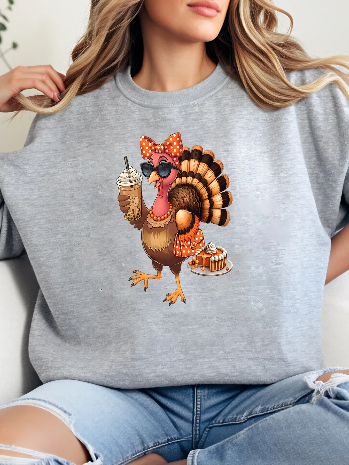 

Толстовка с круглым вырезом на День Благодарения с принтом кофе и кексов, женская повседневная осенняя одежда, серая, больших размеров