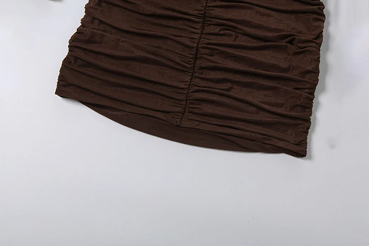 Weird Puss Kleid mit Schwingkragen für Damen, sexy, modisch, mit Mesh-Patchwork, gerafften Puffärmeln, heiß, trendig, für Party und Club, pfirsichfarben, figurbetont – Detail 9