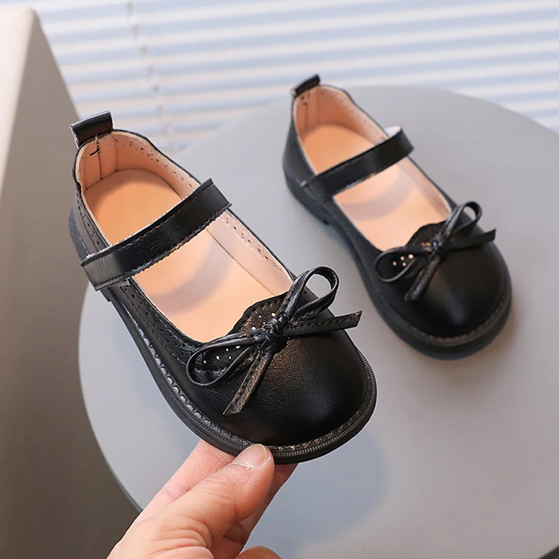 Girls Bow Tie Soft Bottom Non-Slip Leather Shoes 2-10 Years Old Female Baby Shallow Mouth Breathable Princess Shoes