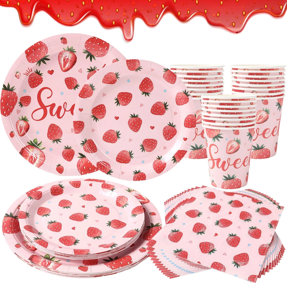 

Strawberry Tableware Happy Birthday Party Decor Strawberry Paper Cups Table Cloth 1st Birthday Girl Baby Shower Party Supplies