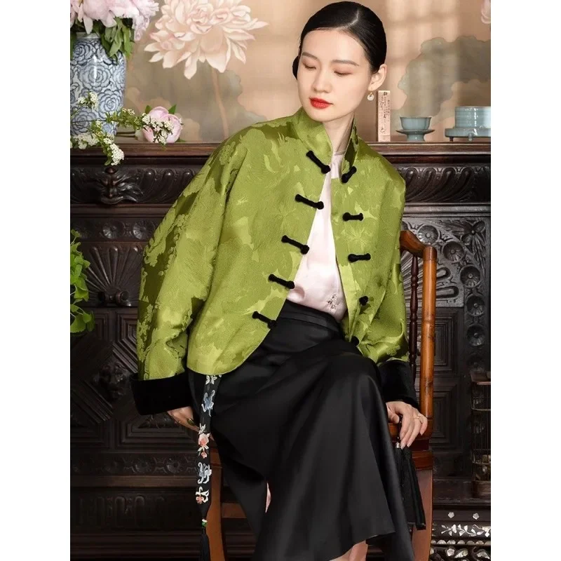 

Autumn Elegant Green Satin Stand Collar Handmade Button Jacquard Long Sleeve Tang Suit Jacket Women's Clothing Fashion Slim Coat