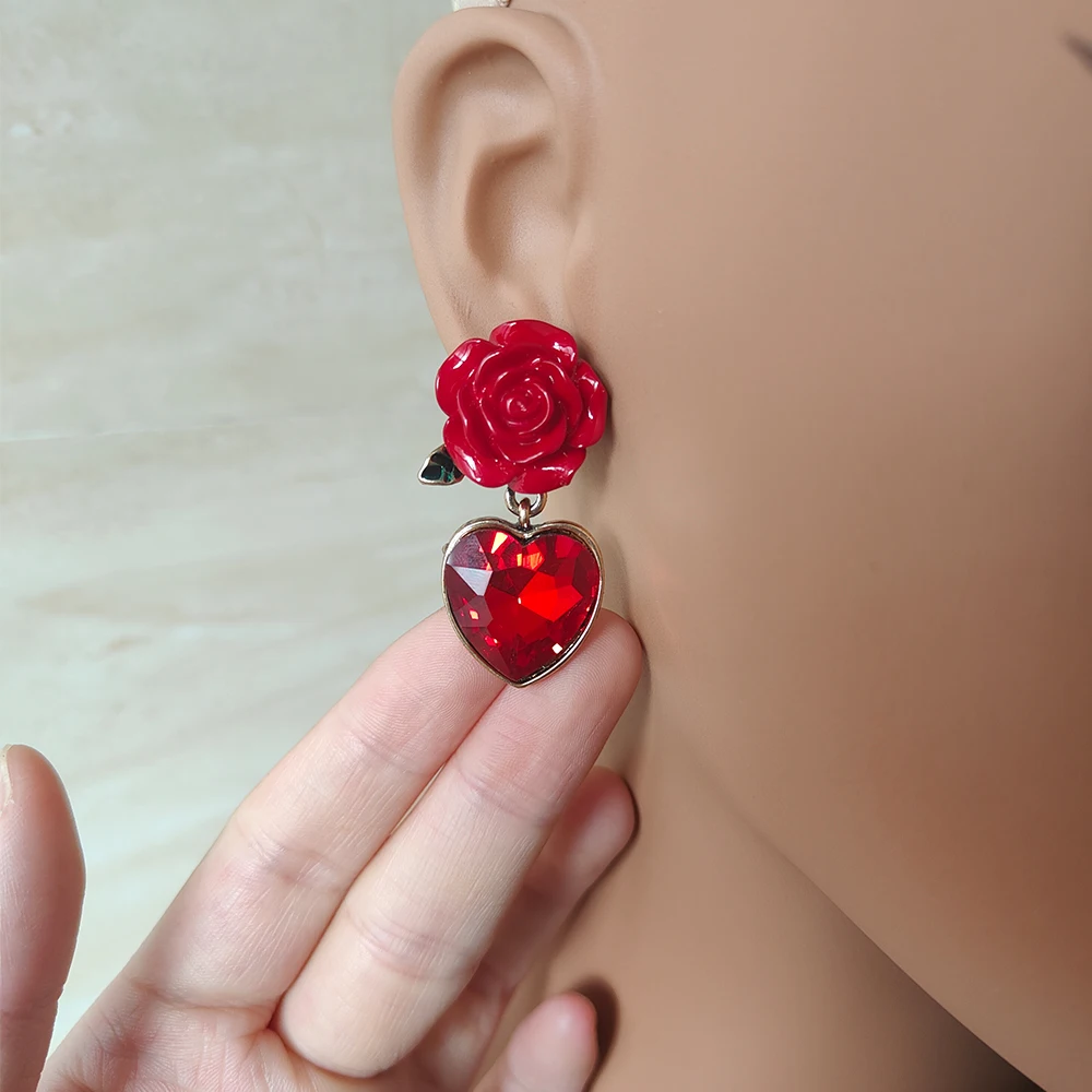 Vintage Jewelry Accessories Wholesale Beautiful Valentines Day Gift Love Heart Red Rose Flower Stud Earrings for Women