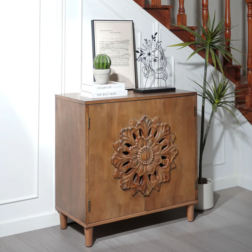 Mobiletto rustico a 2 ante in legno intagliato a mano – Mobiletto portaoggetti con accento Boho con design floreale, credenza in legno massello per soggiorno