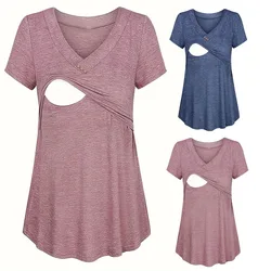 Camiseta informal de maternidad para mujer, camiseta de manga corta de Color sólido de verano, camisetas básicas de enfermería con cuello redondo, camiseta cómoda