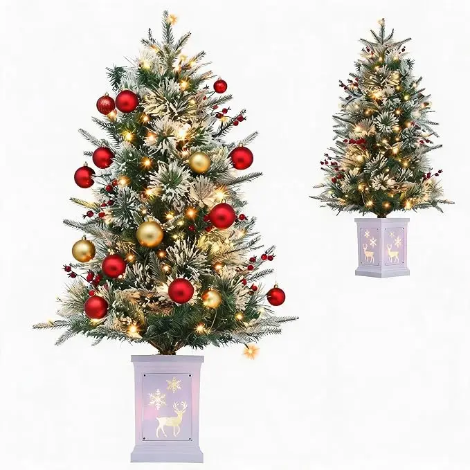 3ft Snow Flocked Artificial Christmas Tree, Pre-lit Xmas Pine Tree for Christmas Decoration, Home, Office, Party Decoration White Elk Base