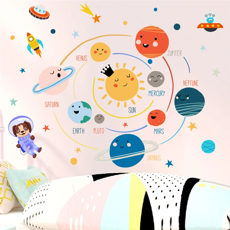 Solar System Planet Star Rocket Wall Stickers For Kids Bedroom Home Decor Diy Space Mural Art Pvc Decal Educational Poster