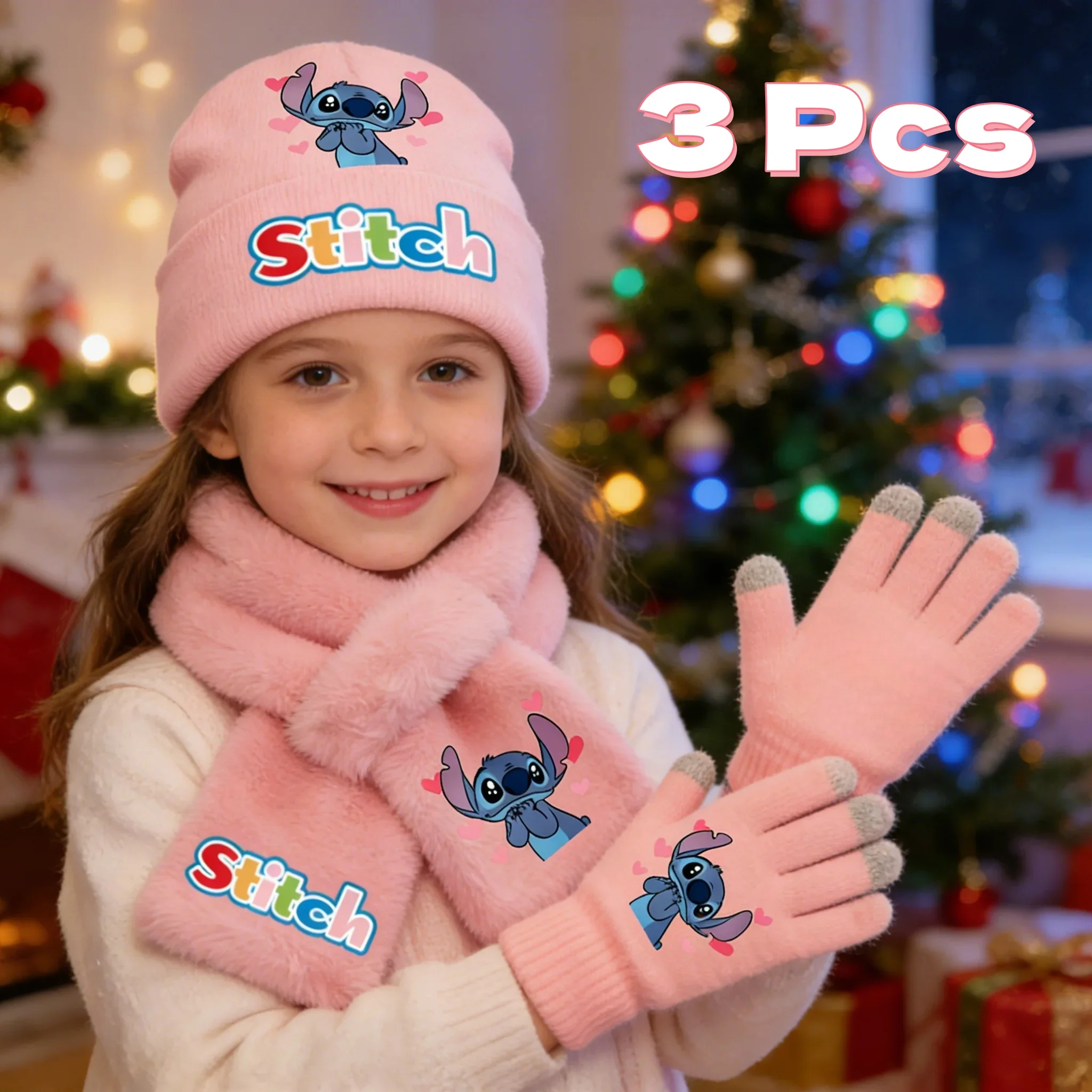 

Kawaii Disney Stitch 3Pcs Winter Knit Hat Scarf Glove Set Warm Fashion Casual Accessories Perfect Christmas Gift for Cute Girls