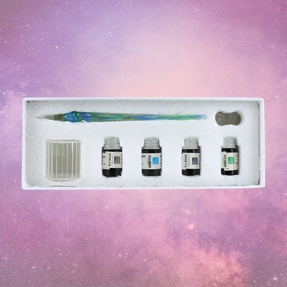 Conjunto de canetas de mergulho de vidro manchado 4 cores tinta retrô conjunto de canetas de assinatura criativa presente