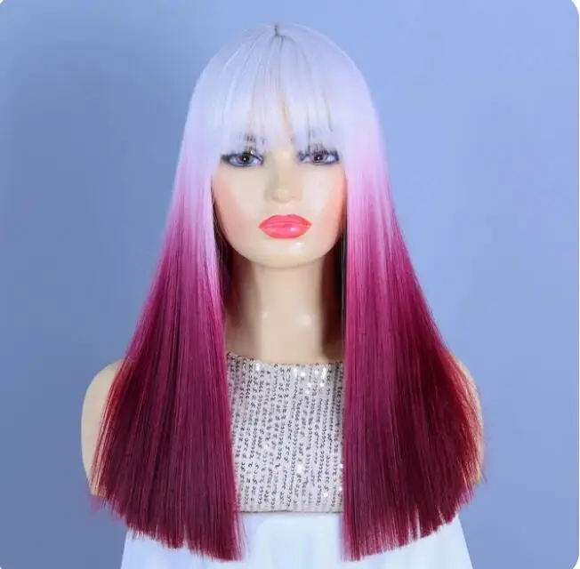 Wig lurus panjang dengan poni untuk wanita, wig rambut sintetis tahan panas serat rambut alami (18 inci merah muda/biru)