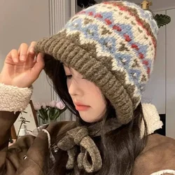 Striped Spliced Knitted Brimless Hat Ethnic Retro Style Woolen Hats Autumn Winter Thickened Warm Resistant Ear Protection Caps