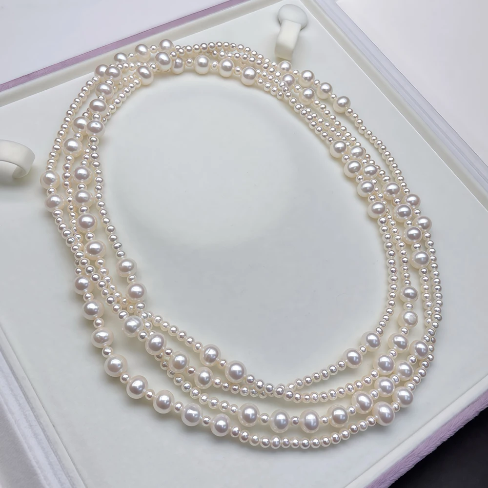 160cm Long Natural Pearl Sweater Chain Necklace with 3-4 mm and 7-8mm Real Pearls for Autumn and Winter Multiple Styling Options