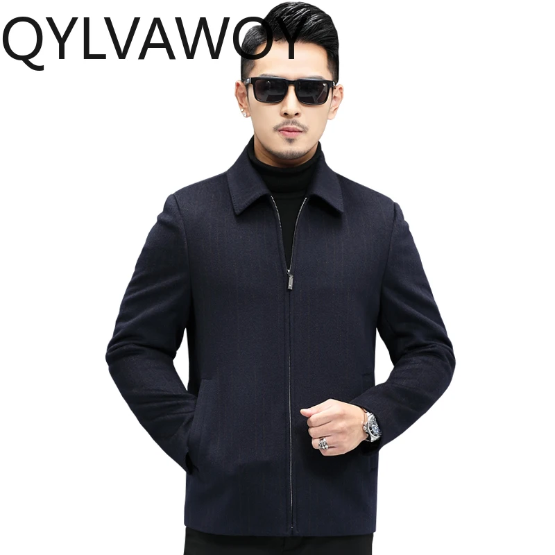 

QYLVAWOY 90% Wool 2025 Autumn Winter Middle-Aged Elderly Men's Jacket Lapel Woolen Short-Sleeve Men's Outerwear Dad's LJ2174