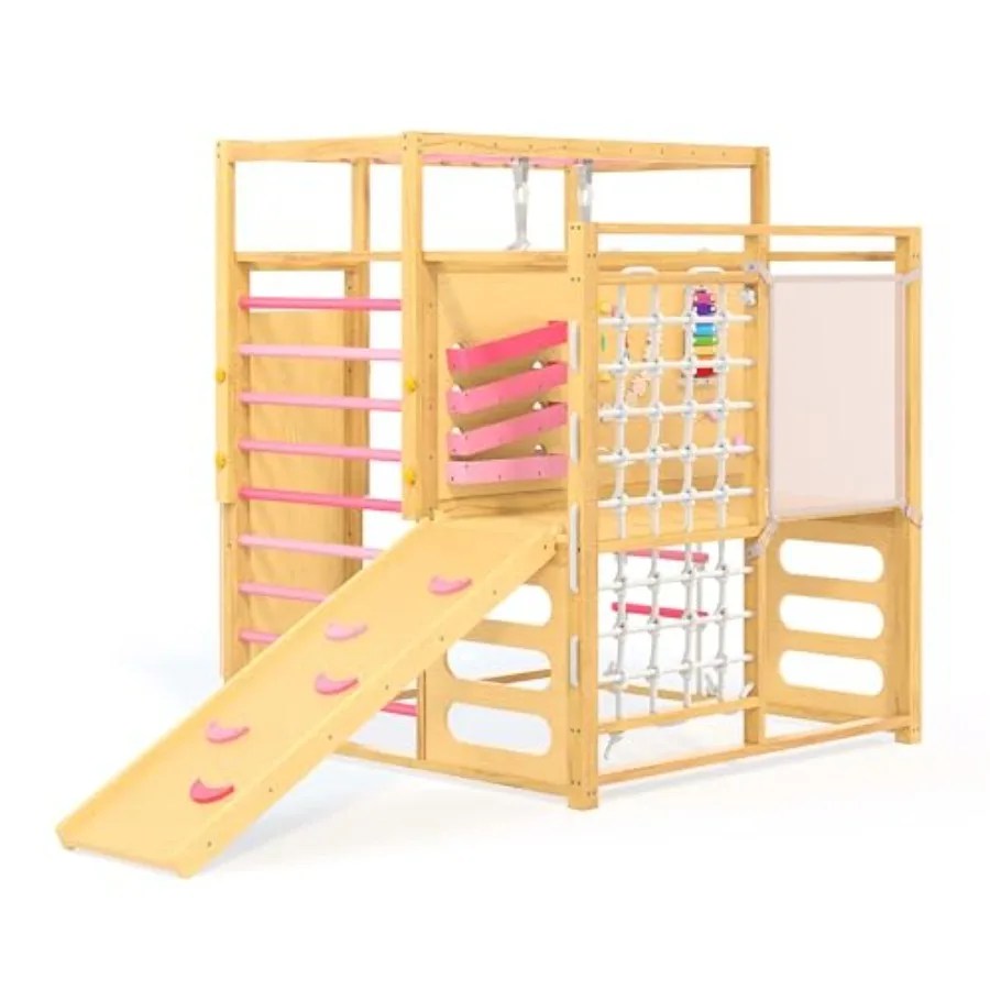 

9-in-1 Indoor Jungle Gym Montessori Wooden Climbing Structure for 2-8 Natural Wood Pink with Slide Monkey Bars Rope Ladder Rock