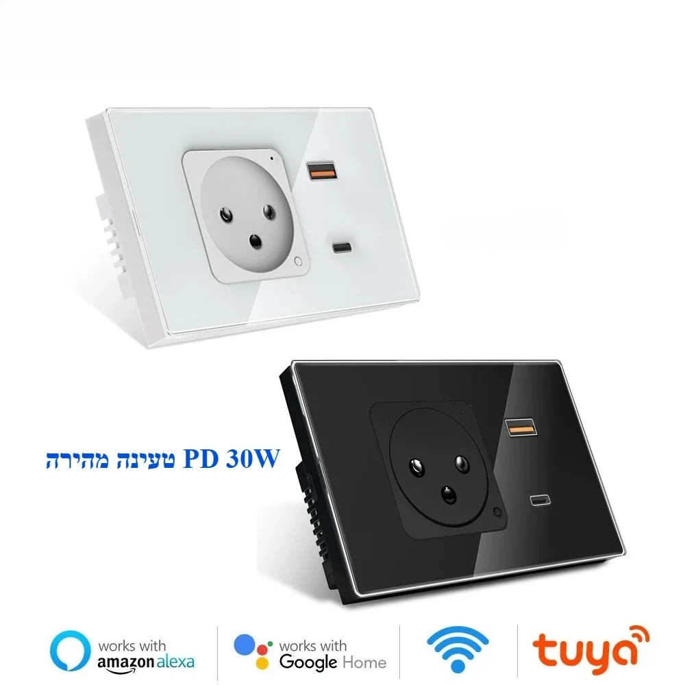 Adea Wifi Tuya Wall Socket Usb Type-c Pd 20w Charge Smart Plug Israel Outlet Glass Panel Remote Control By Alexa Google Ho