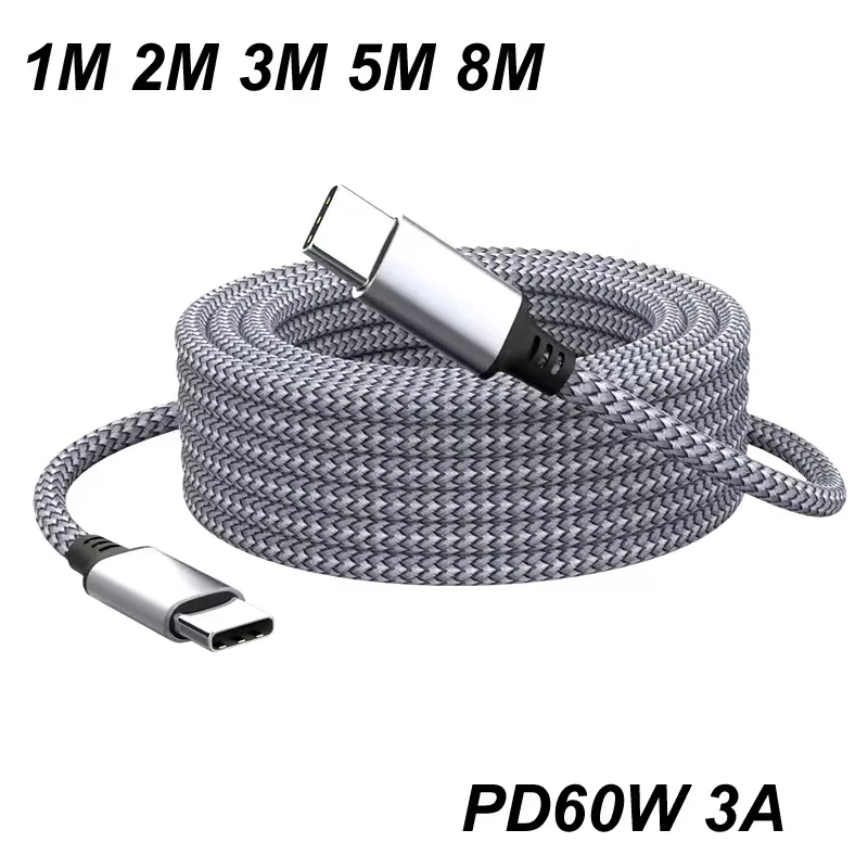 60W Extension Cable Type C To Type C 1M/2M/3M/5M/8M Cable PD Fast Charger Data Cable Type C Data Line For iPhone Xiaomi Samsung