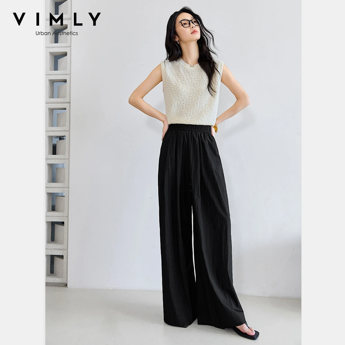VIMLY Summer Long Baggy Pant 2025 Women's Elastic High Waist Loose Wide Leg Casual Full Length Trouser Woman Clothing M9877