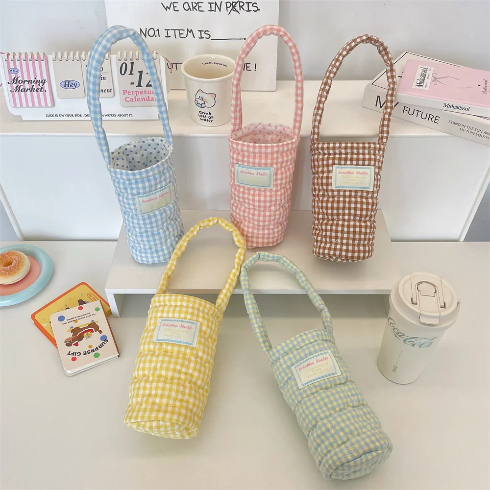 

New Portable Cotton Plaid Cup Holder Handbag Soft Anti-Scalding Small Carry-On Bag Floral Embroidery Fabric Tote Bag