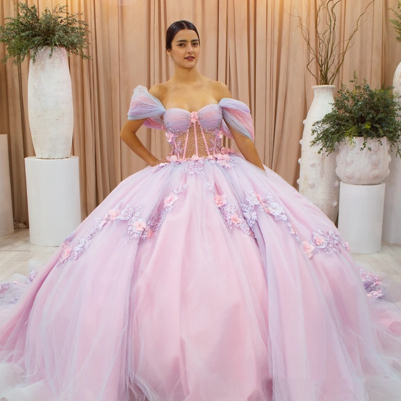 

Pink Sky Blue Quinceanera Dresses Sweetheart Off The Shoulder Applique Lace Flower Puffy Party Dress Crystal Beading Ball Gown