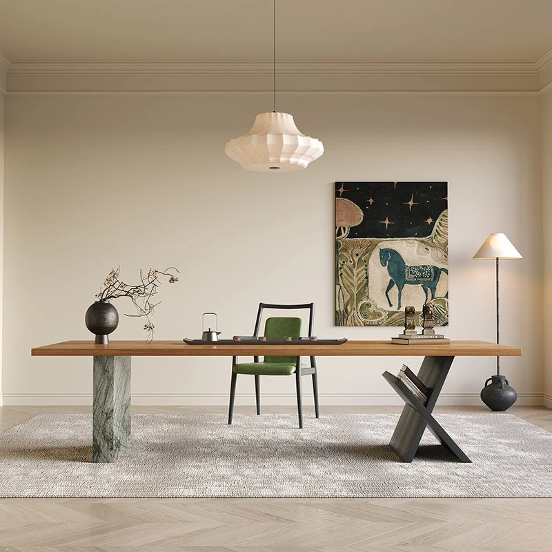 

Medieval rock slab tea table meeting hotel villa club solid wood high-grade large board log light luxury