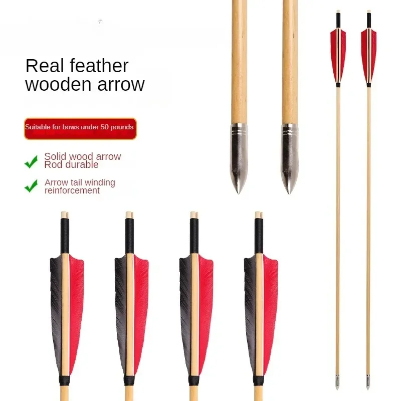 Archery Wooden Arrows 32inch Hunting Bamboo Arrow with Red Feathers Outdoor Precision Archery Shooting Handmake Bamboo Arrows