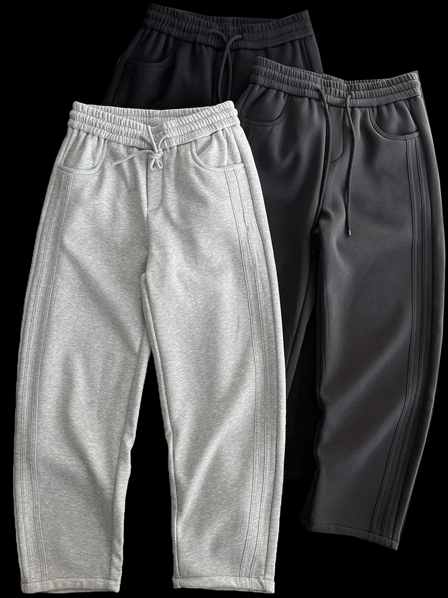 

Men's Casual Straight Leg Sweatpants Thickened Fleece Elastic Waist Loose Fit Patchwork Autumn Winter Warm Cotton Blend