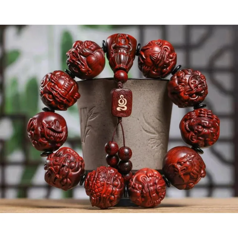 

Small Leaf Red Sandalwood Dragon Born Nine Sons Hand String 25mm Sandalwood Carving Mythical Wild Animals Buddha Beads Text Game