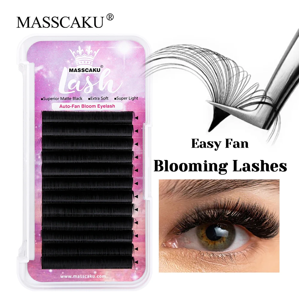 

New Style MASSCAKU C D Curl Korean PBT Fiber Automatic Blooming Lashes Individual Matte Black Self Fanning Eyelashes Easy to Use