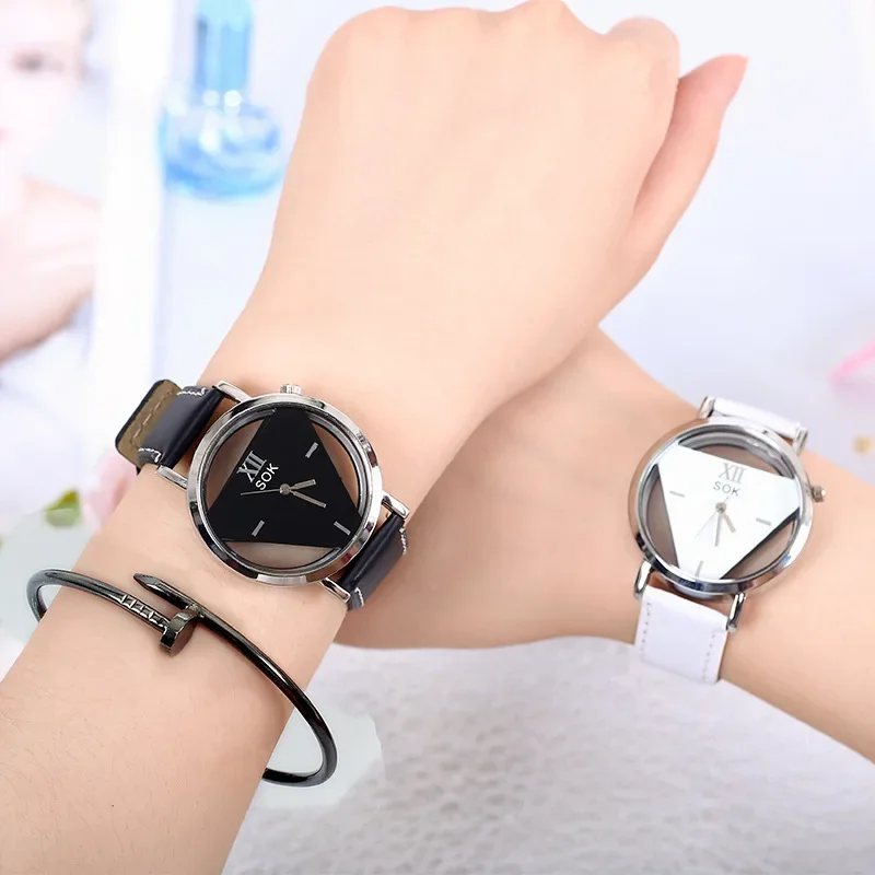 Creative Triangle Watch，Fashionable Double-sided Hollowed Out Quartz Watch，Leather Strap Wristwatches for Student Coupl