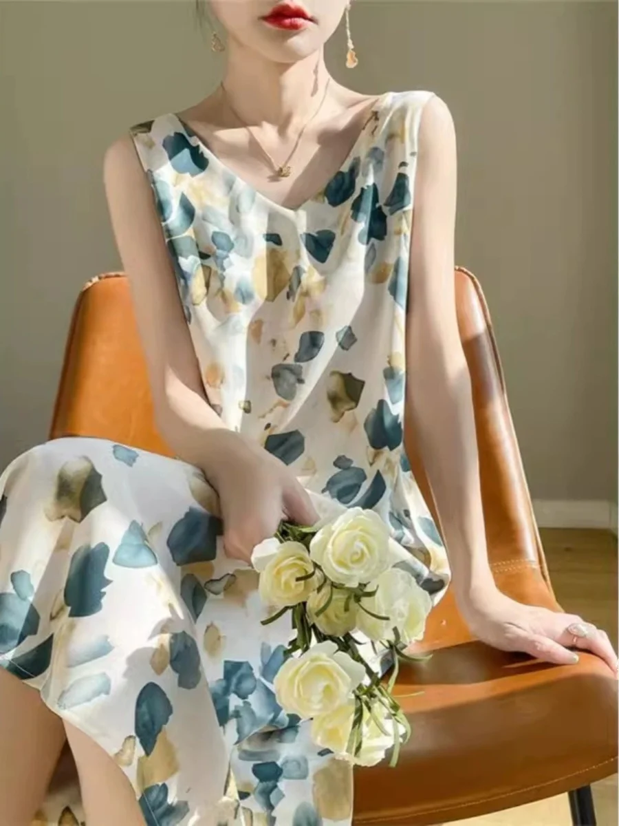 Ele Acetato Cetim Verão Dr V-Ne Midi Comprimento Feminino Emagrecimento Estampado Strapl Base Camada Saia Linha A Sle